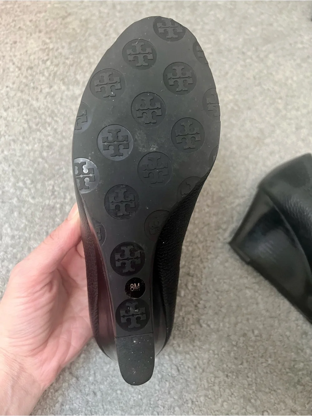 Tory Burch Sally Wedge Pumps in Black Tumbled / Pebbled Leather- 8M